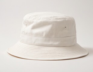 Stylish white bucket hat on a clean background, perfect for sunny days.