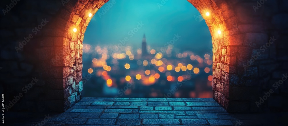 Poster illuminated stone archway with a view of a blurred cityscape and empty space for custom text or bran
