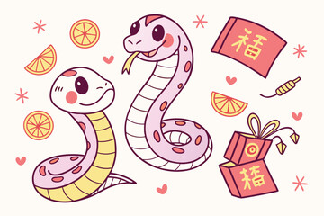 Cute cartoon snakes, Chinese zodiac animals, colorful serpents, smiling snake characters, festive snake illustrations, red envelope, gold ingot, mandarin oranges, firecrackers, lucky charms, Chinese N