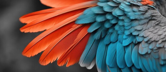 Obraz premium Vibrant Feather Detail of Exotic Bird Wing Showcasing Striking Color Dynamics with Monochrome Background and Space for Text Overlay