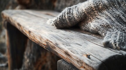 Rustic wooden bench with cozy blanket showcasing natural wood texture and warmth in a serene outdoor setting with empty space for text
