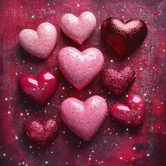 Obraz premium Colorful glittery hearts in various shades of pink and red arranged on textured background, creating festive and romantic atmosphere perfect for celebrations