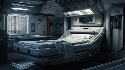 Futuristic hospital bed in a sterile environment ready for patient admission and care with advanced medical technology integration.