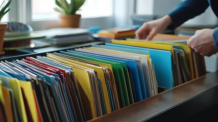Person organizing colorful files in a modern office with plants and natural light streaming in
