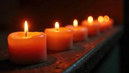 Burning candles create a sense of reverence and solemnity in a dark, dimly lit space, flame, melancholic