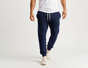 Stylish male model in navy jogger pants and white tee, showcasing a casual streetwear vibe.
