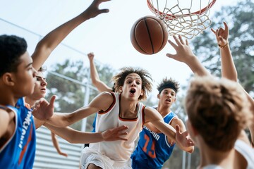 A group of diverse teenagers passionately plays basketball on an outdoor court under a bright sun, showcasing teamwork, social interaction, and enjoyment of physical activity