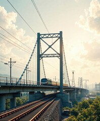 Naklejka premium Railway bridge with a train crossing over and into the distance, long railway track, in distance
