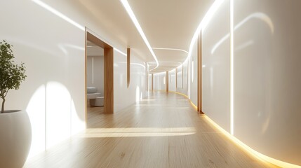 Modern hospital corridor featuring white walls, elegant wooden flooring, and ambient lighting for a serene and clean environment.