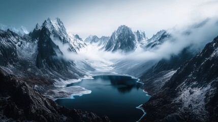 Fototapeta premium Beautiful majestic landscape with snow covered forest and lake