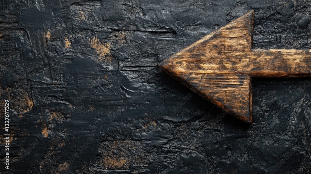 Poster wooden arrow pointing in multiple directions on dark textured background with empty copy space for t