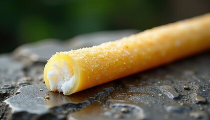 A sugarcane stick on a stone surface with visible juice, freshness, stone, fresh sugarcane