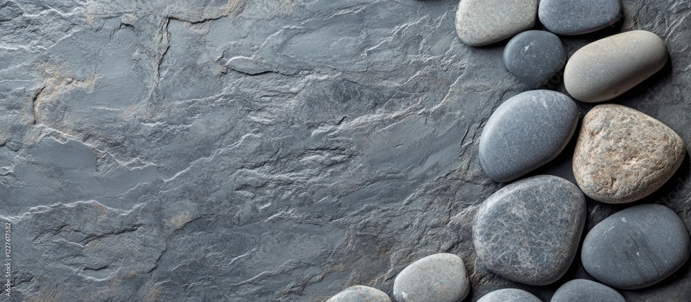 Poster grey basalt stone surface with smooth pebbles and empty copy space for text in a natural elegant set