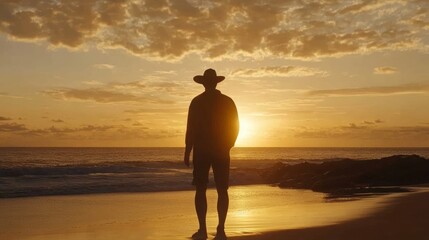 Farmer standing on sandy beach, wearing wide brimmed hat, gazing at golden sunset washing ocean horizon with warm, tranquil light