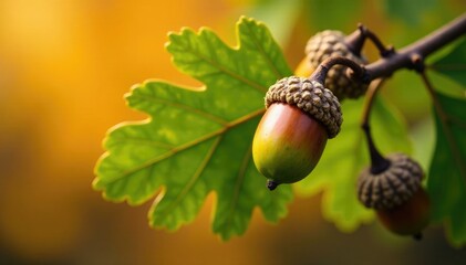 A majestic oak branch with acorns isolated against a warm background, fall, foliage, acorn