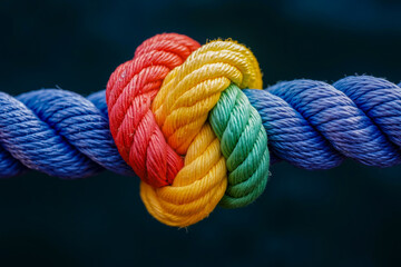 A close up of a colorful rope with a knot in the middle