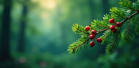 A delicate sprig of fir branches adorned with small bright red berries, mystical elements, fairy forest, magical atmosphere