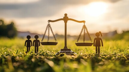 Illustration of scales balancing traditional and modern family icons Stock Photo with side copy space