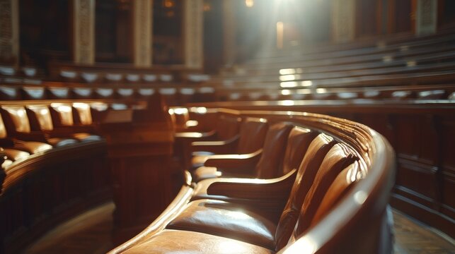 Image of judges debating family law changes in a modern legislative chamber Stock Photo with side copy space