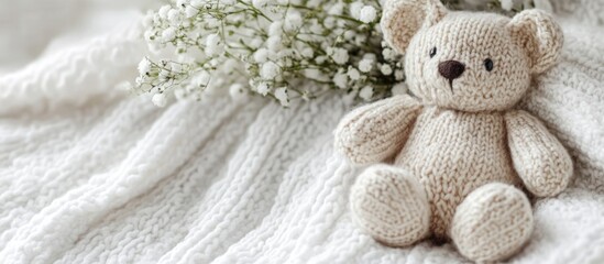 Cozy newborn blanket with a teddy bear and delicate flowers creating a serene atmosphere with space for text or messages.
