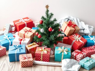 Fototapeta premium Present boxes and wrapping paper scattered around a small Christmas tree, creating a fun and playful atmosphere, present, patterned, decoration