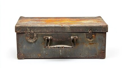 Rusty vintage metal toolbox with worn patina on a white background showcasing industrial design and texture.