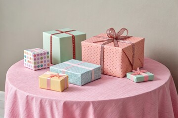 Group of wrapped gift boxes on a pink tablecloth surrounded by various colored blocks, packaging, decorative items
