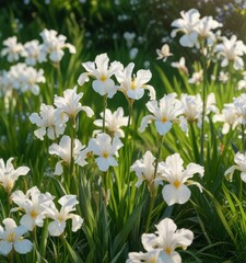 Group of white iris flowers blooming against a vibrant green grass field with a delicate summer butterfly perched on a petal, garden, natural, botany