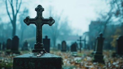 Cemetery cross with foggy background highlighting tranquil and somber atmosphere of an old burial ground