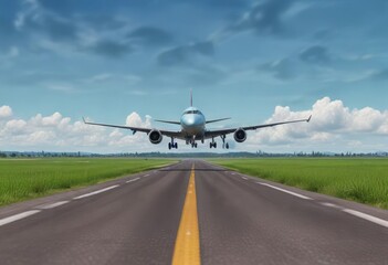 Obraz premium plane landing on a runway in the middle of a green field with a bright blue sky above, aviation, outdoor, aircraft