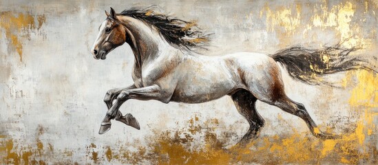 Fototapeta premium Galloping Grey and Brown Stallion on Silk Texture Background with Blank Space for Text Overlay