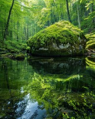 Fototapeta premium A massive moss-covered boulder sits at the edge of a still forest stream, reflecting the lush green canopy and creating a tranquil, mirror-like scene