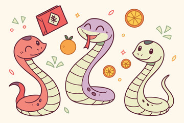 Fototapeta premium Cute cartoon snakes, Chinese zodiac animals, colorful serpents, smiling snake characters, festive snake illustrations, red envelope, gold ingot, mandarin oranges, firecrackers, lucky charms, Chinese N