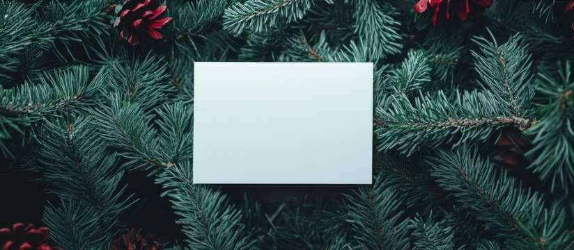 Blank Christmas greeting card surrounded by pine branches and festive decorations ideal for personalized messages and holiday wishes