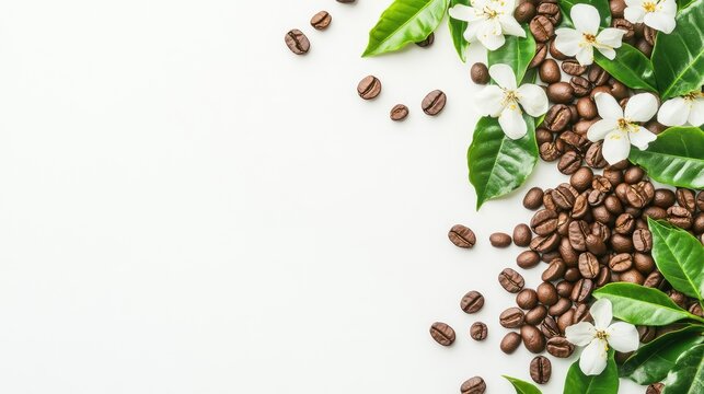 Organic coffee scene with ripe beans leaves and flowers on white background featuring top view layout for mockup design purposes.