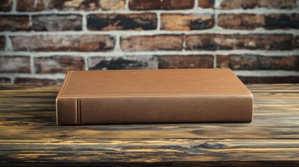 Horizontal brown hardcover book resting on rustic wooden table against a textured brick wall backdrop.