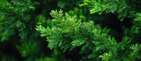 Morning dew on vibrant green cypress leaves in a serene forest environment with space for text and designs on natural beauty.