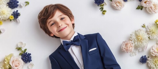 Blank greeting card design with a cheerful young boy in a suit surrounded by colorful flowers on a white background for text placement.