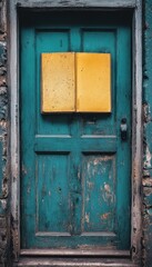 Open book on weathered teal door.  A vintage, rustic scene suggesting stories and knowledge.