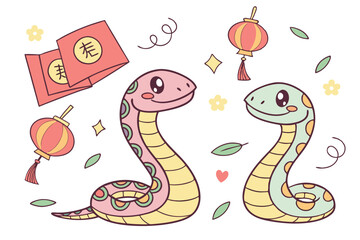 Obraz premium Cute cartoon snakes, Chinese zodiac animals, colorful serpents, smiling snake characters, festive snake illustrations, red envelope, gold ingot, mandarin oranges, firecrackers, lucky charms, Chinese N