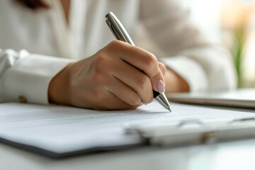 Close-up of a professional's hand signing an important document with a silver pen on a sunny day, signifying agreement and commitment.