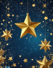 Golden star-shaped ornaments on a blue background with layered confetti, festive, confetti