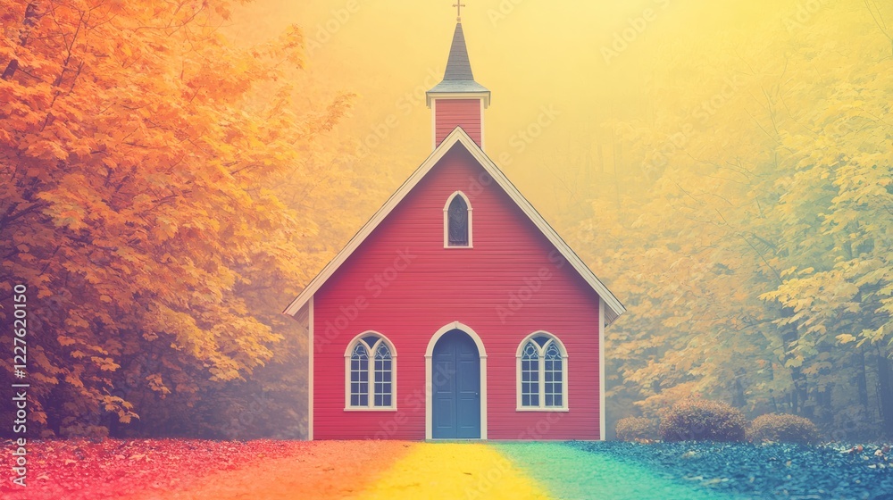 Poster conceptual image of a rainbow path leading to a traditional church stock photo with side copy space