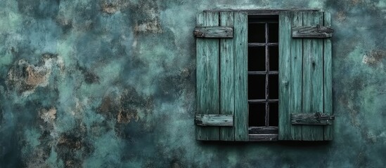 Green wooden shuttered window on a textured black plaster wall with ample empty space for overlaying text or designs
