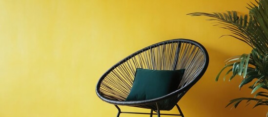 Stylish green woven chair with black cushion positioned against a vibrant yellow wall creating a perfect backdrop for text or branding.