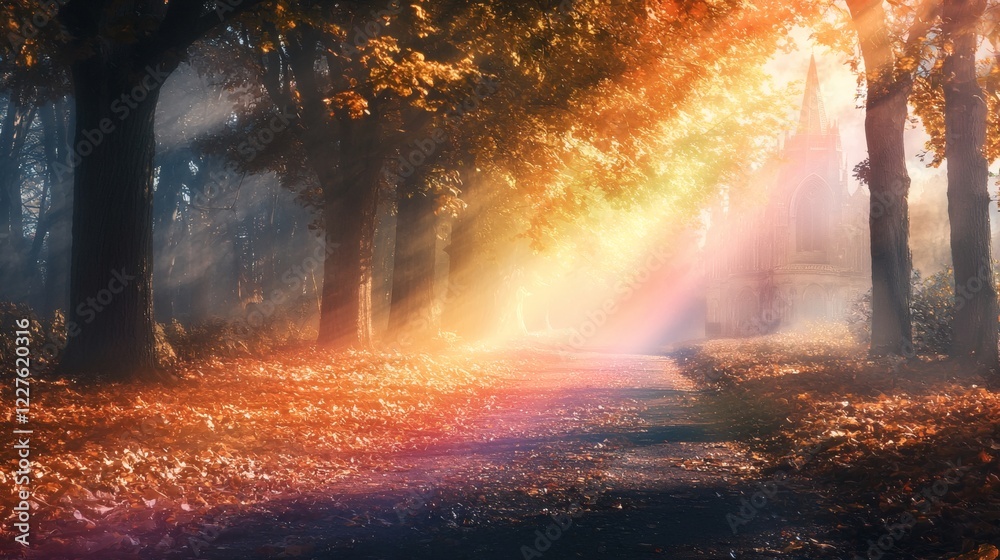Poster conceptual image of a rainbow path leading to a traditional church stock photo with side copy space