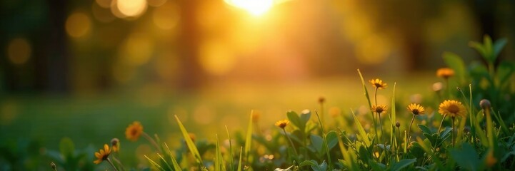 Golden hues of bokeh blur lights against a serene natural landscape, landscape, nature, background
