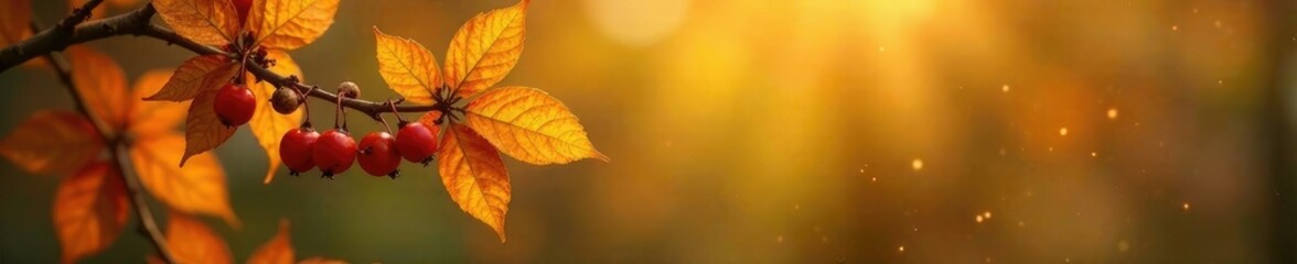 Obraz premium Golden hues of autumn Eleutherococcus senticosus berries, flowers, autumn leaves