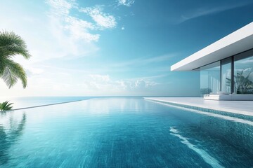 Fototapeta premium Stunning infinity pool with ocean view and modern architecture in bright daylight
