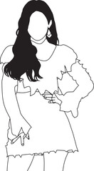 A line art drawing showcasing an elegant woman with loose hair and modern fashion clothing.